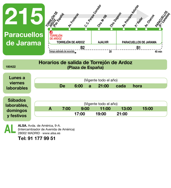 La línea de autobuses interurbanos 215, que conecta Torrejón de Ardoz con Paracuellos del Jarama, amplía desde hoy, lunes, su horario nocturno