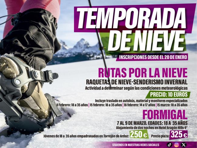 Abierto el plazo de inscripción para las salidas de la temporada de nieve y las actividades del “Aula de ocio y naturaleza” de la Concejalía de Juventud del Ayuntamiento de Torrejón 
